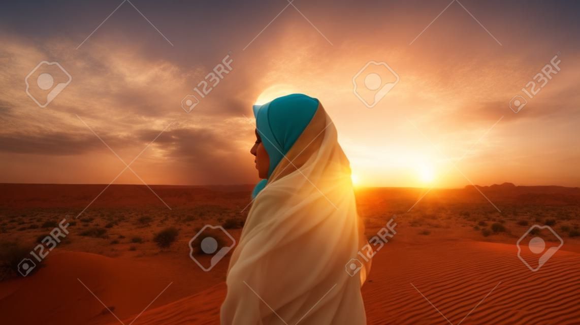 Una mujer joven con un pañuelo en la cabeza se para en el desierto y mira la puesta de sol.