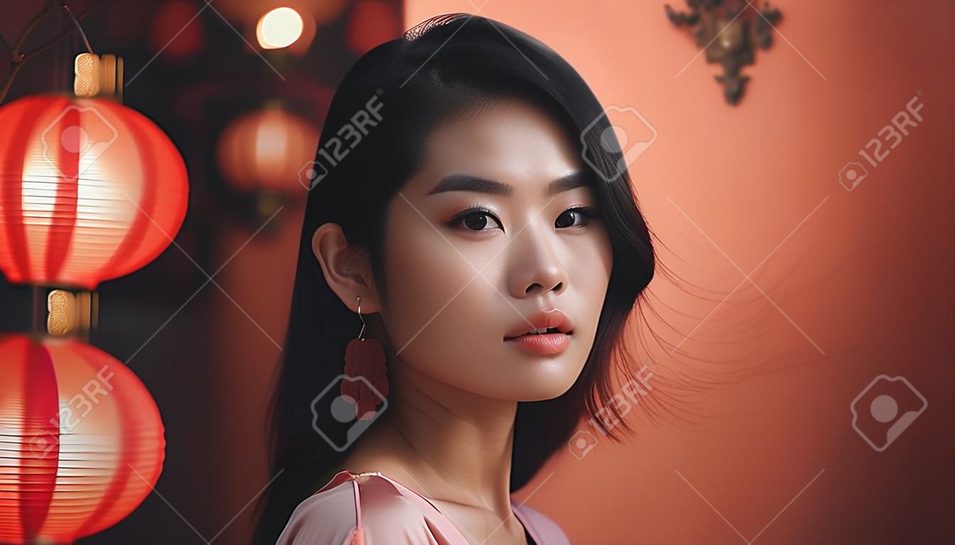 Linda mulher asiática com lanternas chinesas no fundo