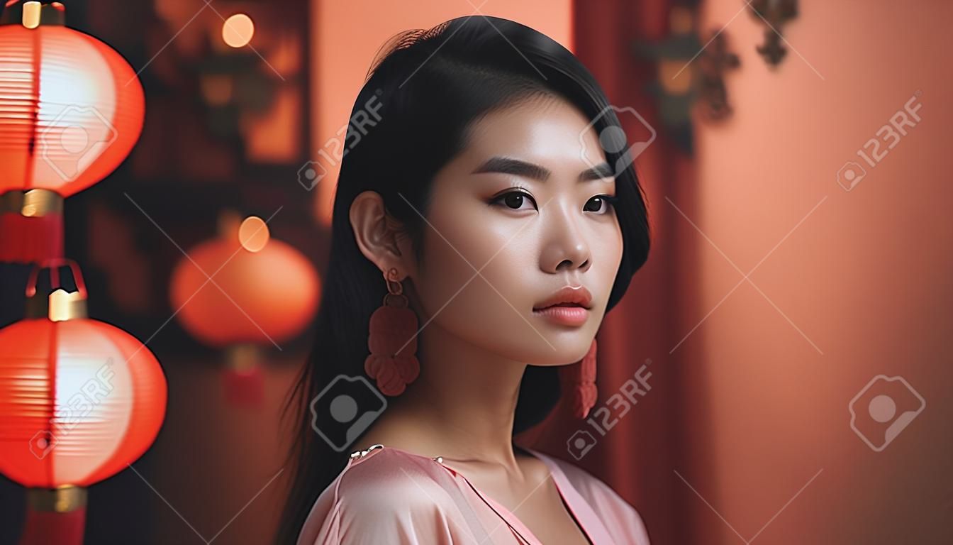 Hermosa mujer asiática con linternas chinas en el fondo.