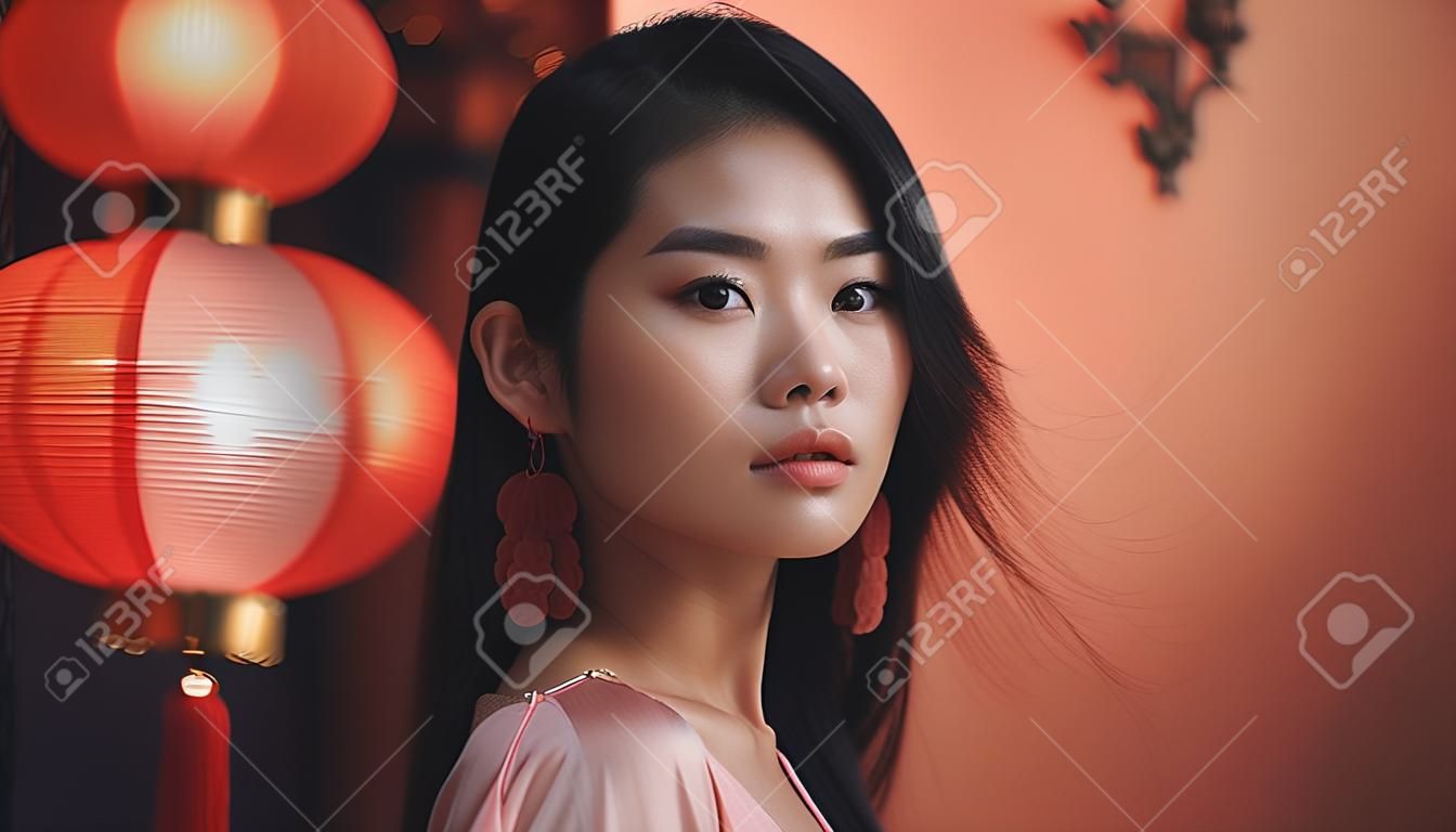 背景に中国の提灯を持つ美しいアジア人女性。