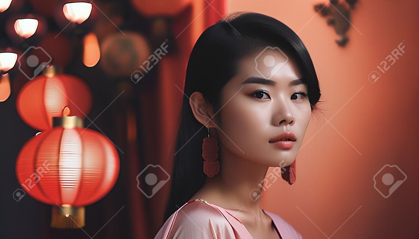 Beautiful asian woman with chinese lanterns on background.