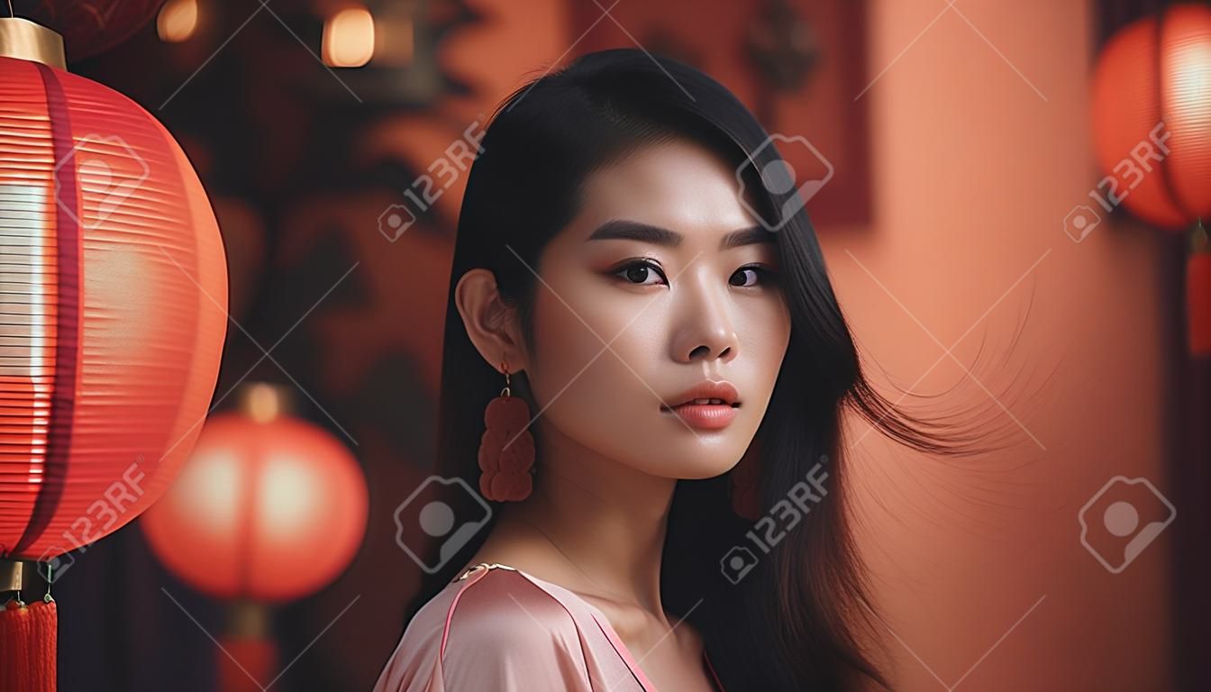 Bella donna asiatica con lanterne cinesi sullo sfondo