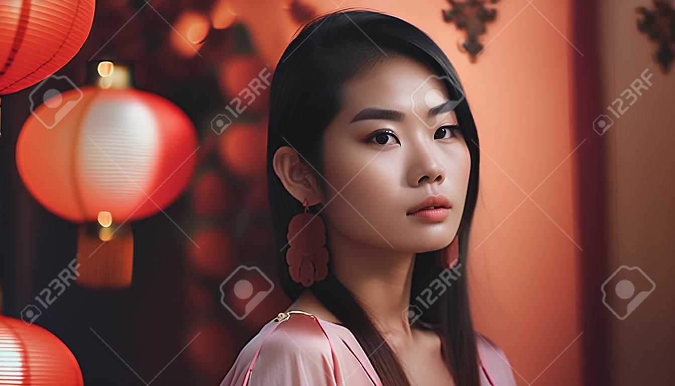 Hermosa mujer asiática con linternas chinas en el fondo.