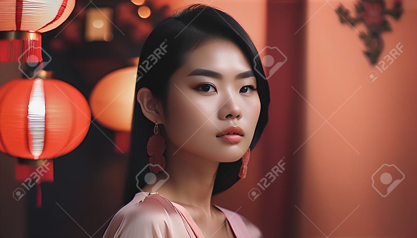 Schöne asiatische Frau mit chinesischen Laternen im Hintergrund