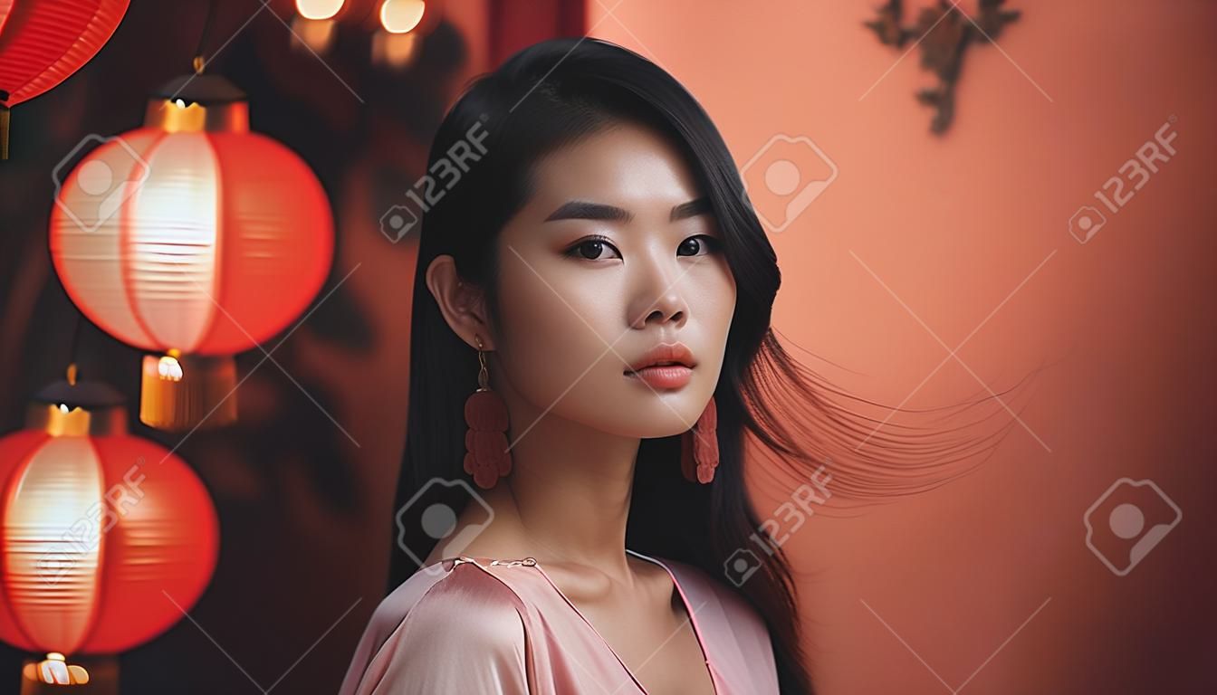 배경에 중국 등불을 가진 아름다운 아시아 여자
