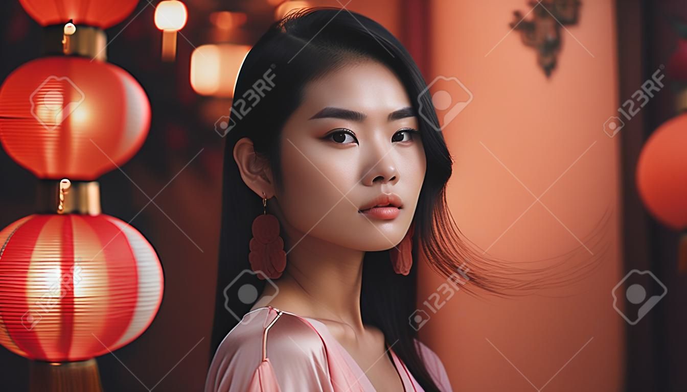 Bella donna asiatica con lanterne cinesi sullo sfondo