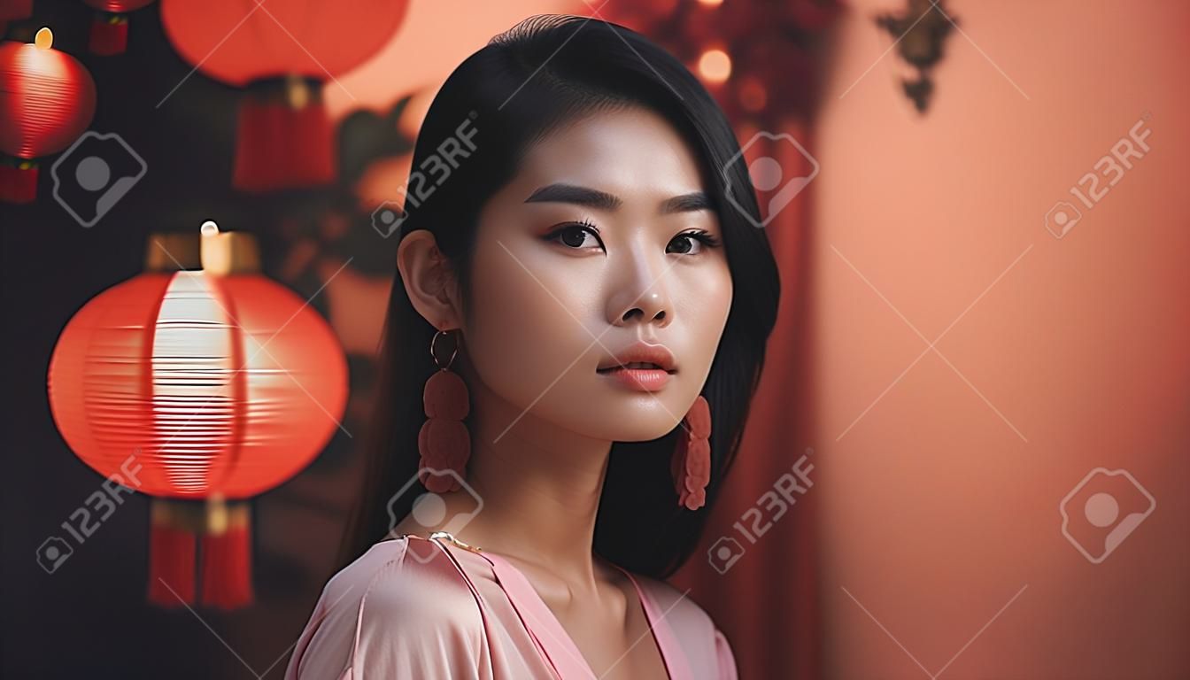 Piękna azjatycka kobieta z chińskimi latarniami na tle.