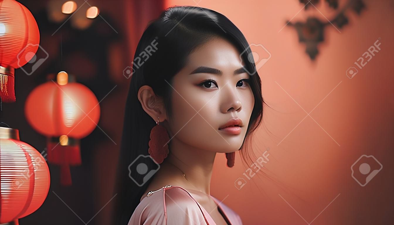 Beautiful asian woman with chinese lanterns on background.