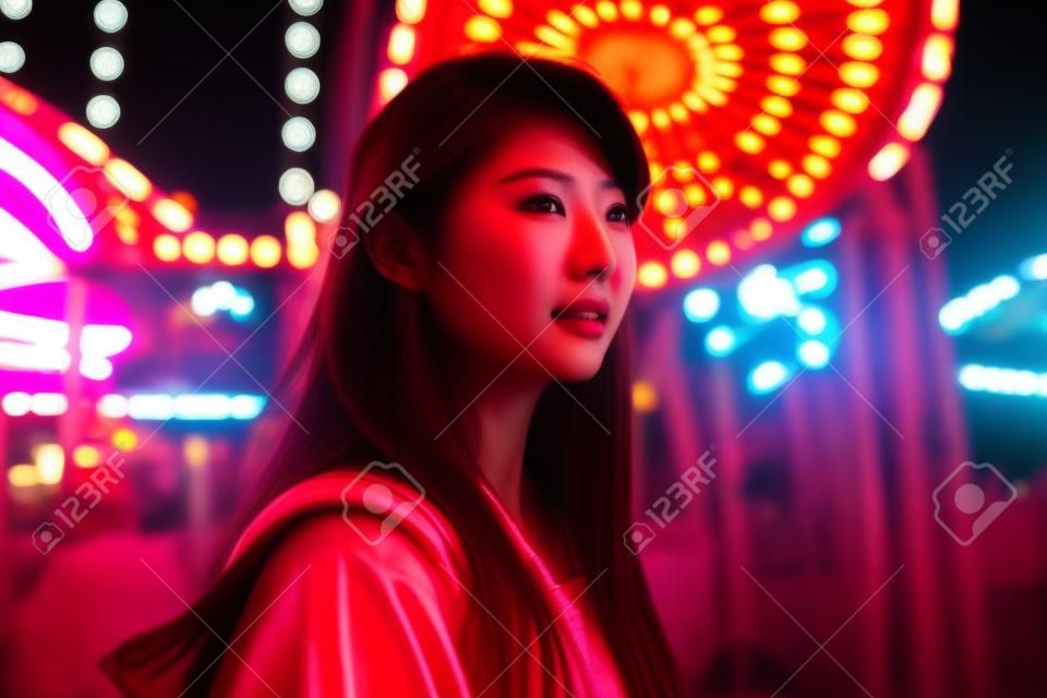 Bella donna asiatica nel parco divertimenti di notte con luce rossa