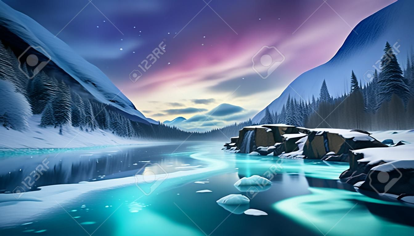 Fantastyczny zimowy krajobraz z zamarzniętą górską rzeką, dramatyczną grafiką koncepcyjną nieba