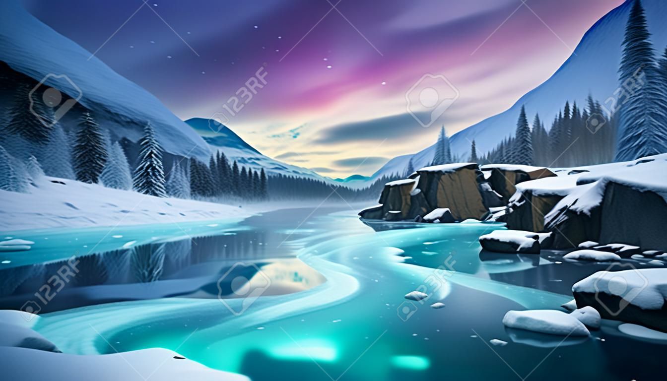 Fantastische Winterlandschaft mit gefrorenem Gebirgsfluss, dramatische Himmelskonzeptkunst