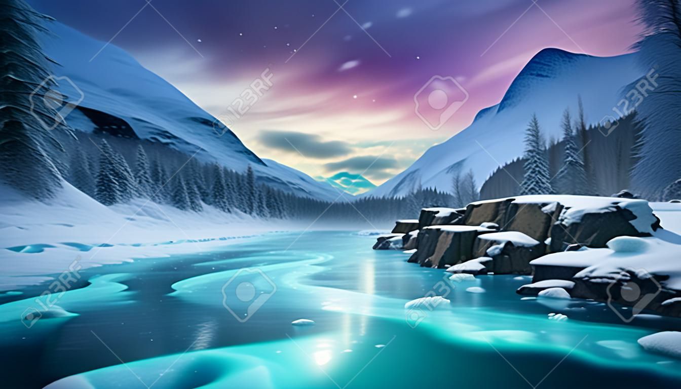 Fantastische Winterlandschaft mit gefrorenem Gebirgsfluss, dramatische Himmelskonzeptkunst