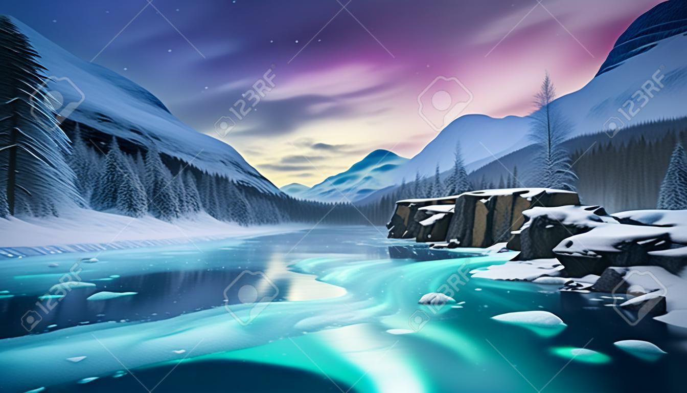 Fantástica paisagem de inverno com arte conceitual de céu dramático de rio de montanha congelada