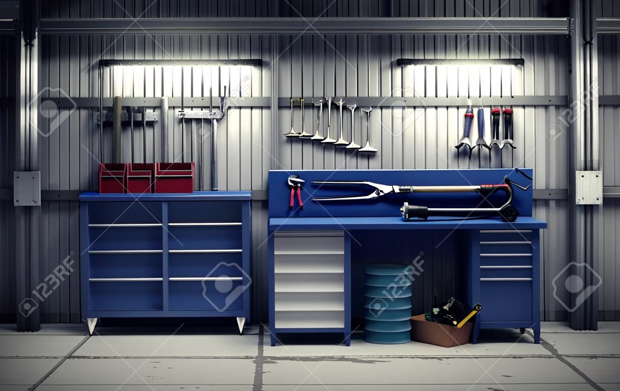 Garage atelier avec des outils et équipements