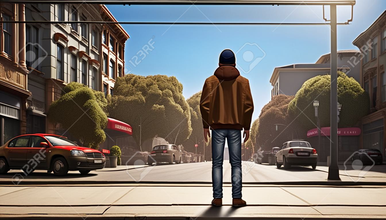 A man in a brown jacket walks along the street. 3d rendering