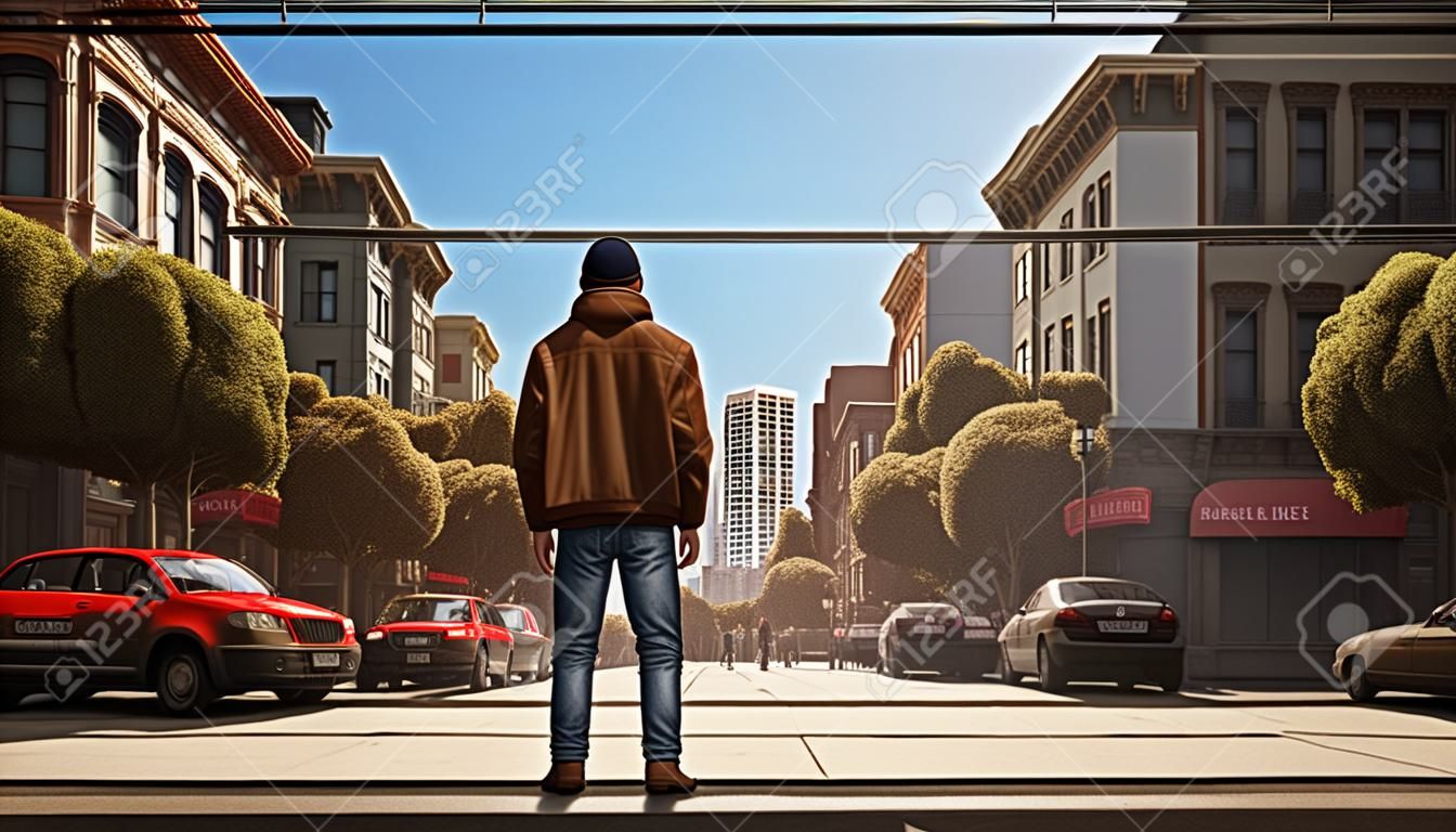 A man in a brown jacket walks along the street. 3d rendering
