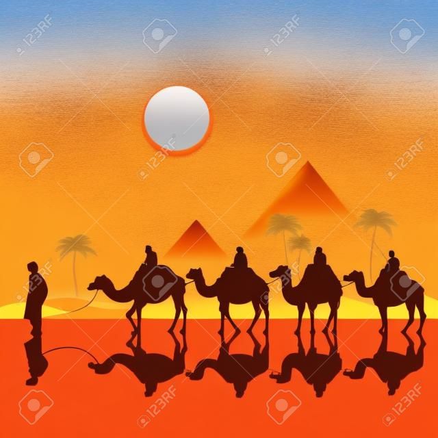Caravan with camels in desert with pyramids on background. Vector illustration