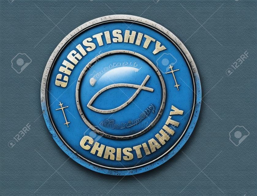 Timbre bleu en caoutchouc grunge avec le symbole du poisson et le christianisme mot écrit à l'intérieur du timbre