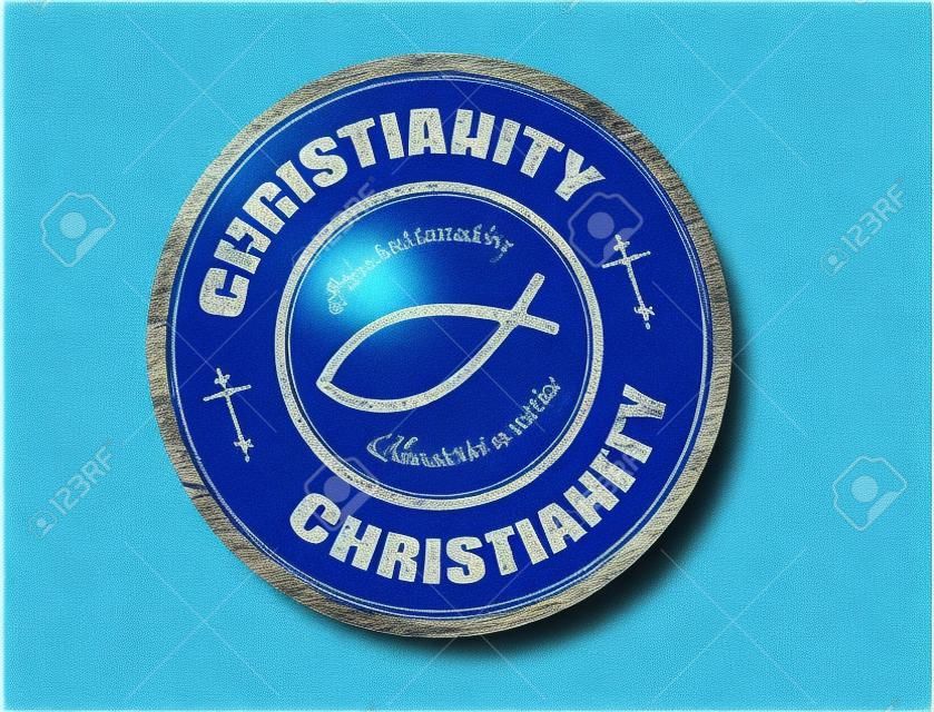 Blue grunge rubber stamp with fish symbol and the word christianity written inside the stamp