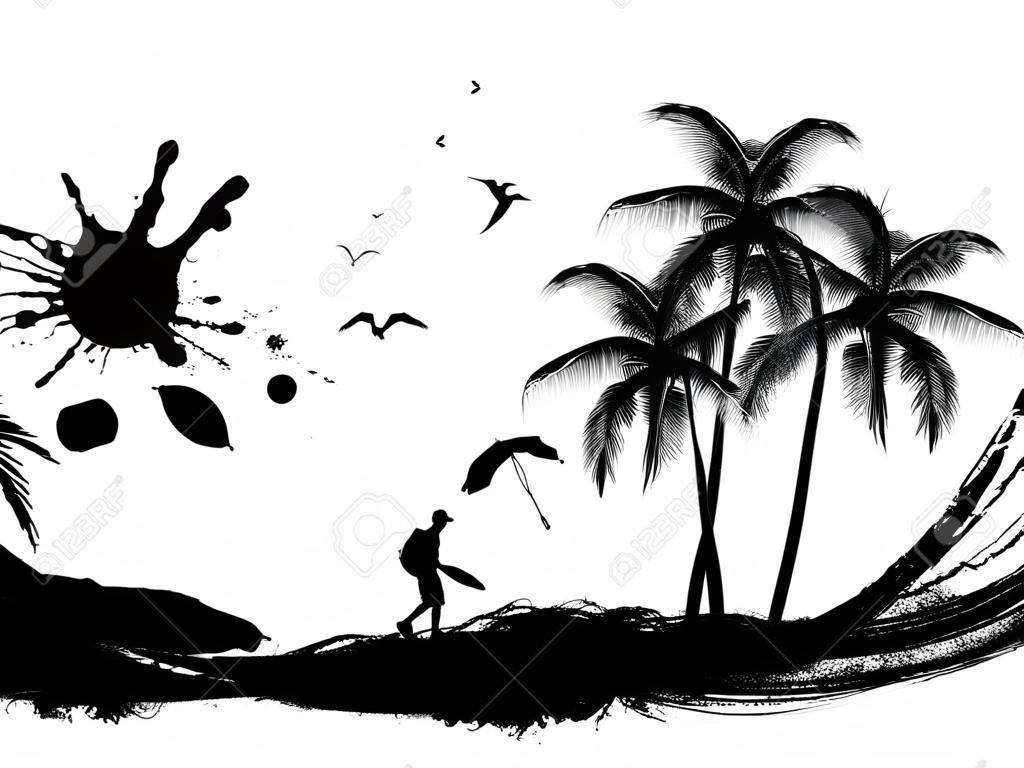 Tropical scene on grunge coast background, vector illustration