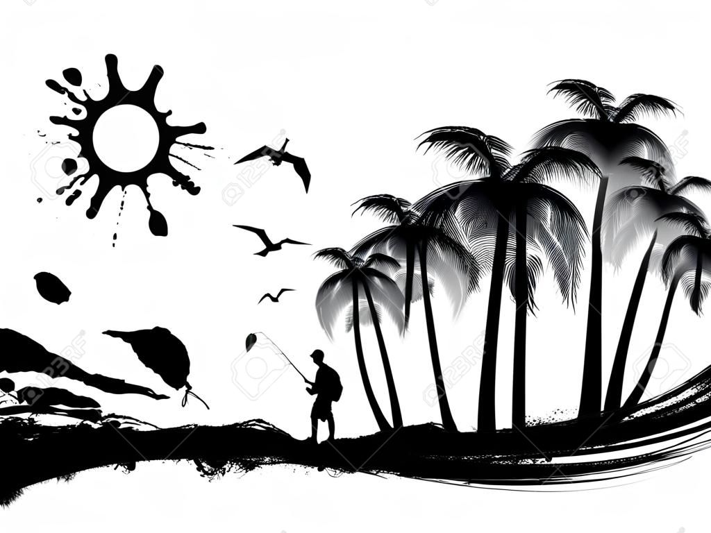Tropical scene on grunge coast background, vector illustration