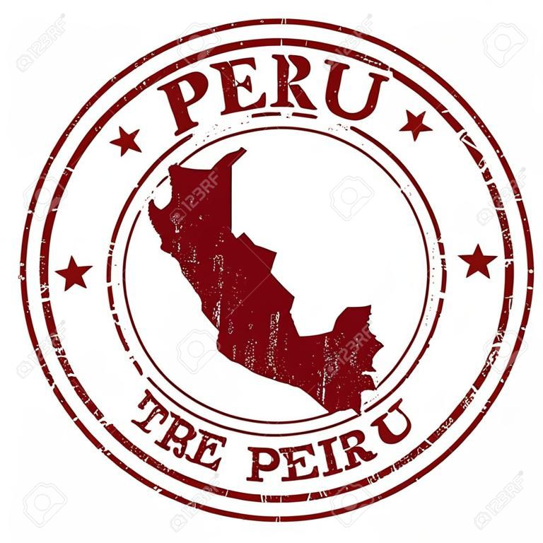 Grunge rubber stamp with the name and map of Peru, vector illustration