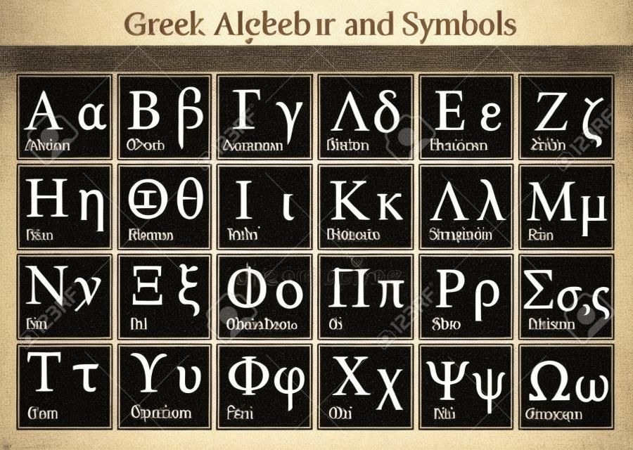 Yunan Alfabe ve (Eğitim ve Okullar için Faydalı) Semboller, vektör illüstrasyon