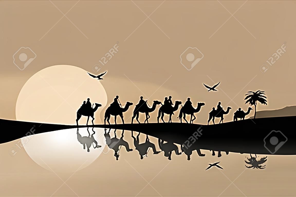 駱駝商隊在美麗的經歷沙漠的夕陽，矢量插圖