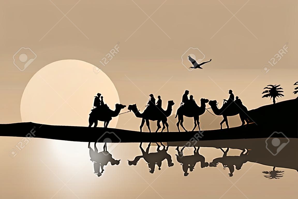 Caravana de camellos atravesando el desierto en la hermosa puesta de sol, ilustración vectorial