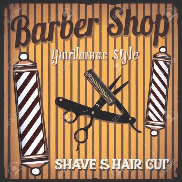 Barber shop poster design template on retro style background, vector illustration