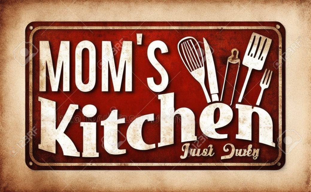 妈妈的厨房在白色背景金属标志插图上生锈的金属标志