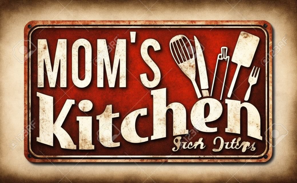 妈妈的厨房在白色背景金属标志插图上生锈的金属标志