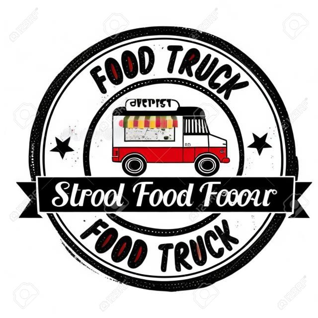 Eten vrachtwagen grunge rubber stempel op witte achtergrond, vector illustratie