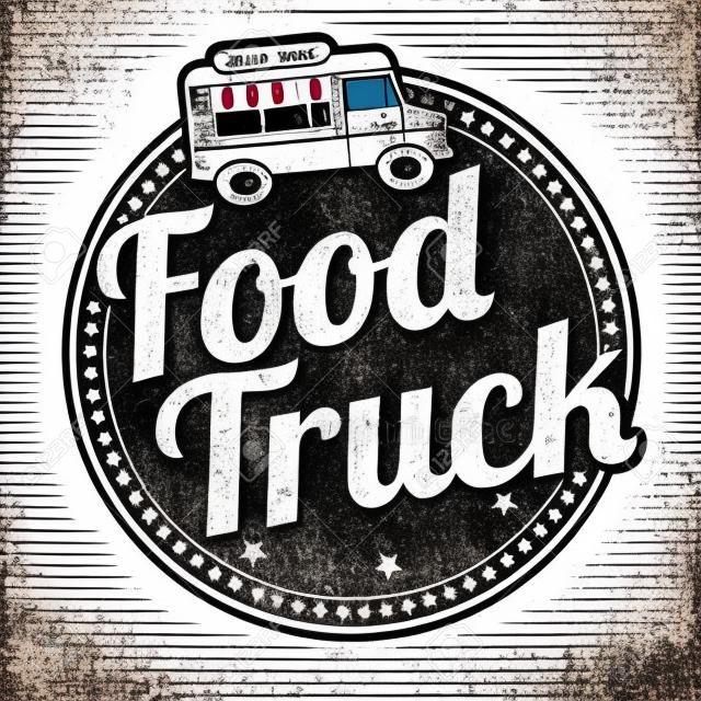 Élelmiszer teherautó grunge gumibélyegző fehér háttér, vektoros illusztráció