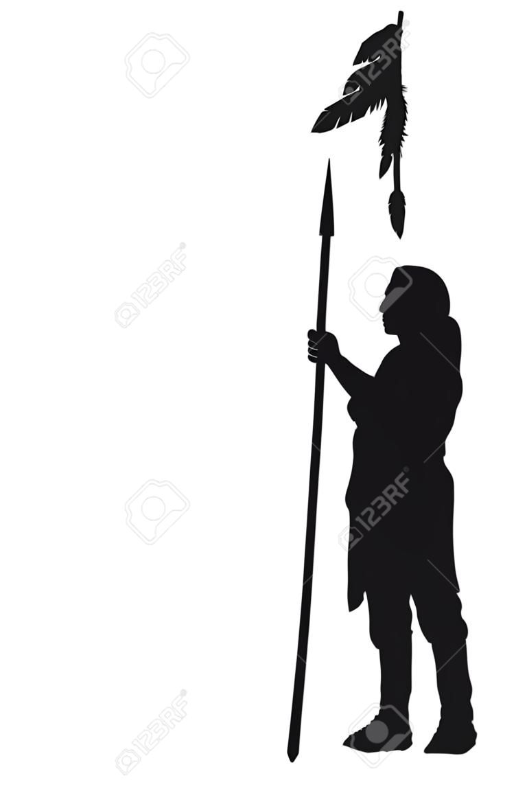 Silhouet van een inheemse Amerikaanse indiaan met speer op witte achtergrond, vector illustratie