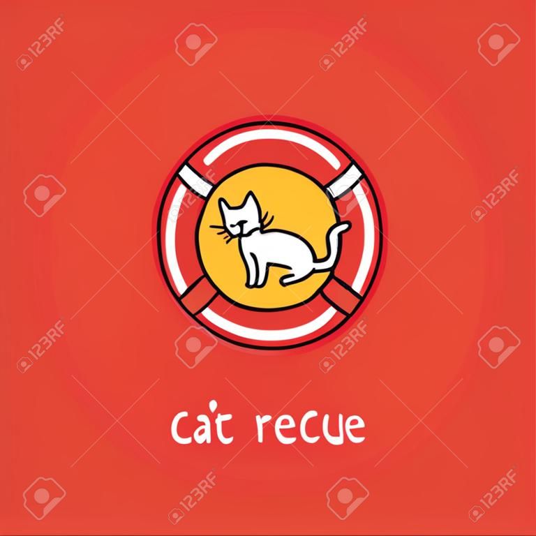 Kot z pierścieniem boi ratunkowej, koncepcja projektu ratownictwa dla kotów. ilustracja wektorowa