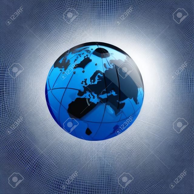 Fondo de Europa, Oriente Medio y África con ilustración 3D del icono de globo, esfera brillante y brillante con mapa global en azules sutiles que dan una sensación de transparencia.