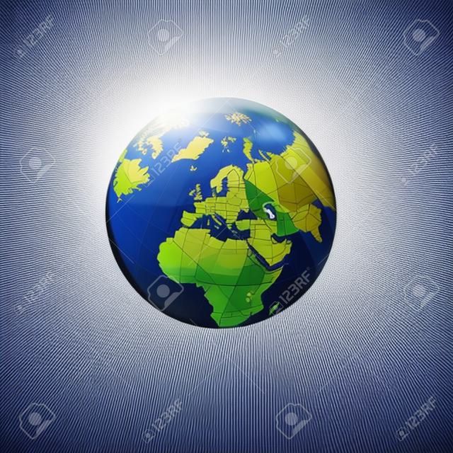 Europa, Bliski Wschód i Afryka Tło z ilustracją Globe Icon 3D, błyszcząca, błyszcząca kula z globalną mapą w subtelnym odcieniu błękitu, co daje wrażenie przezroczystości.