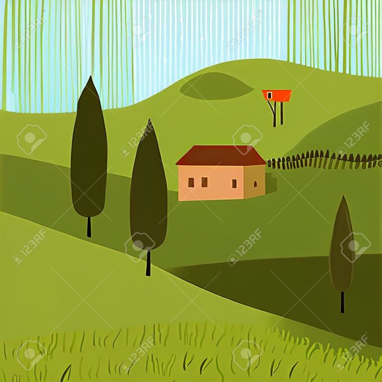 トスカーナの風景。木の家。ベクトルイラスト
