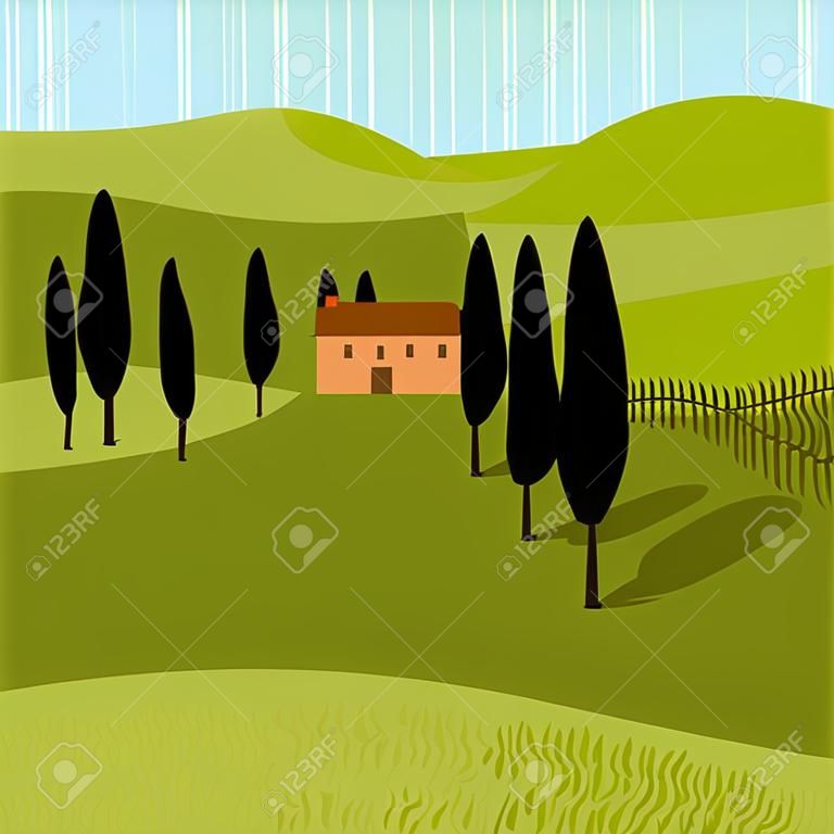 Toskański krajobraz. dom na drzewach. ilustracja wektorowa