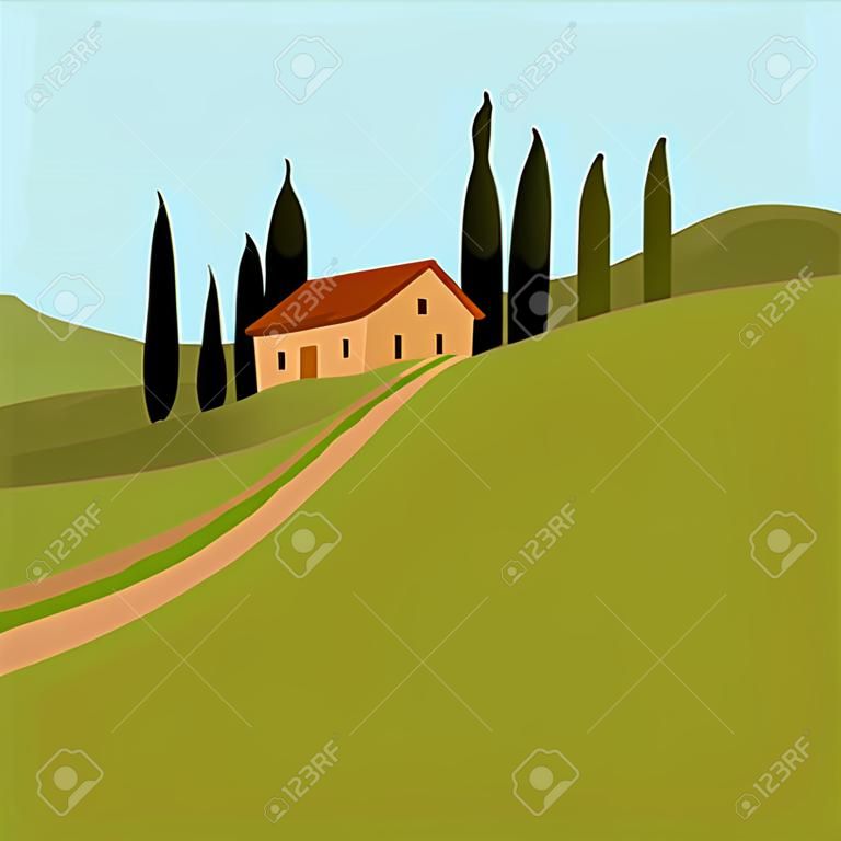 Tuscan house in the trees. Landscape with a road. Vector illustration