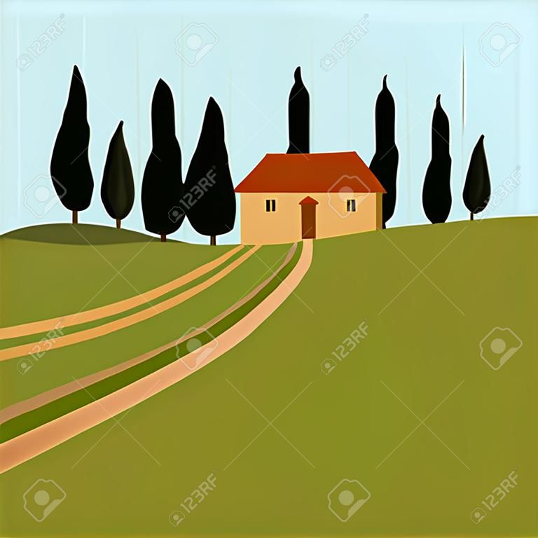 Casa toscana en los árboles. Paisaje con una carretera. ilustración vectorial