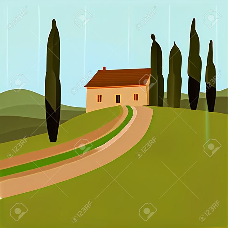 Tuscan house in the trees. Landscape with a road. Vector illustration