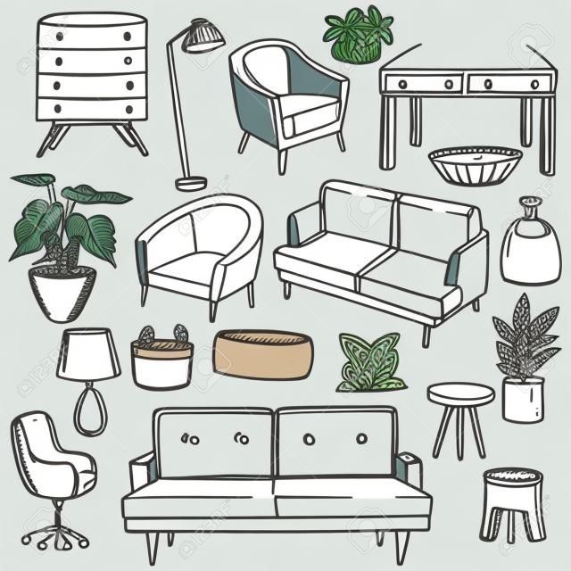 Hand-drawn furniture, lamps and plants for the home. Vector sketch illustration.