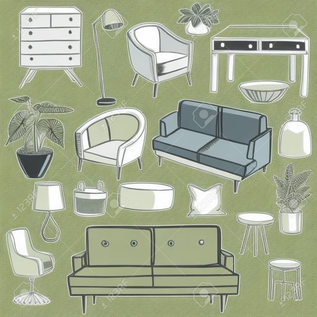 Muebles, lámparas y plantas dibujadas a mano para el hogar. Ilustración de dibujo vectorial.