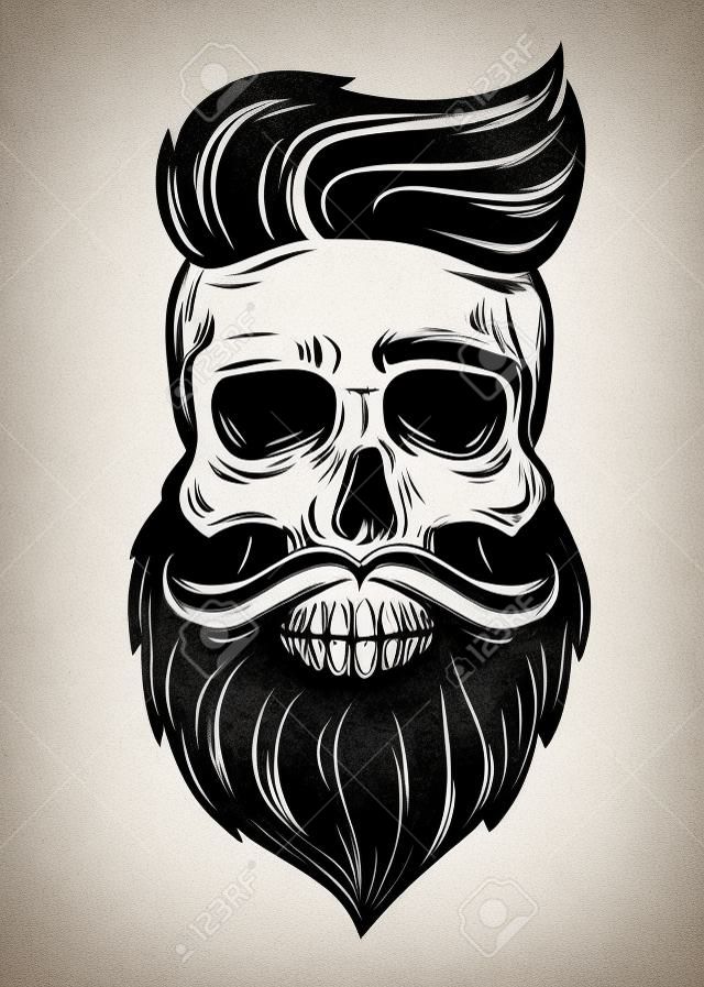 Bearded skull illustration on white background