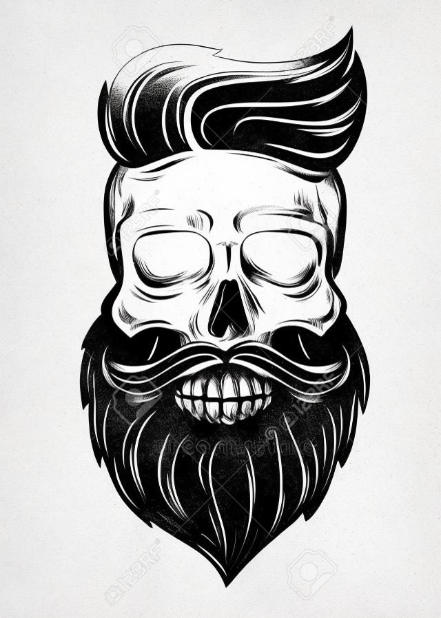 Bearded skull illustration on white background