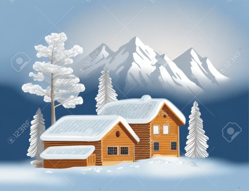 木屋冬季景观矢量图
