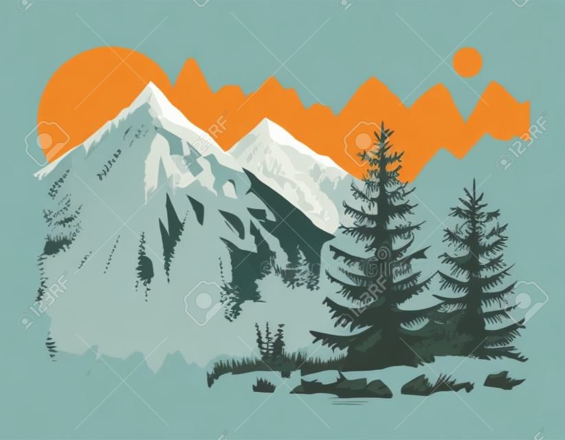 ilustración vectorial de dibujado a mano del paisaje de la montaña