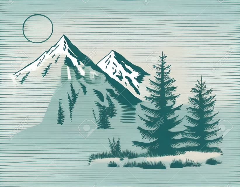 ilustración vectorial de dibujado a mano del paisaje de la montaña